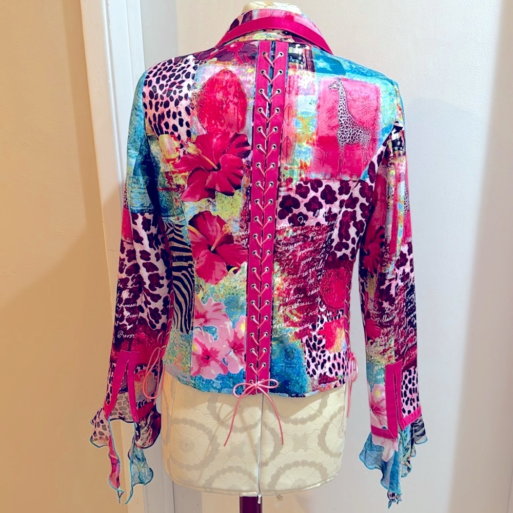 Vintage Corset Style Pink Floral Satiny Animal Floral Lined Jacket 4